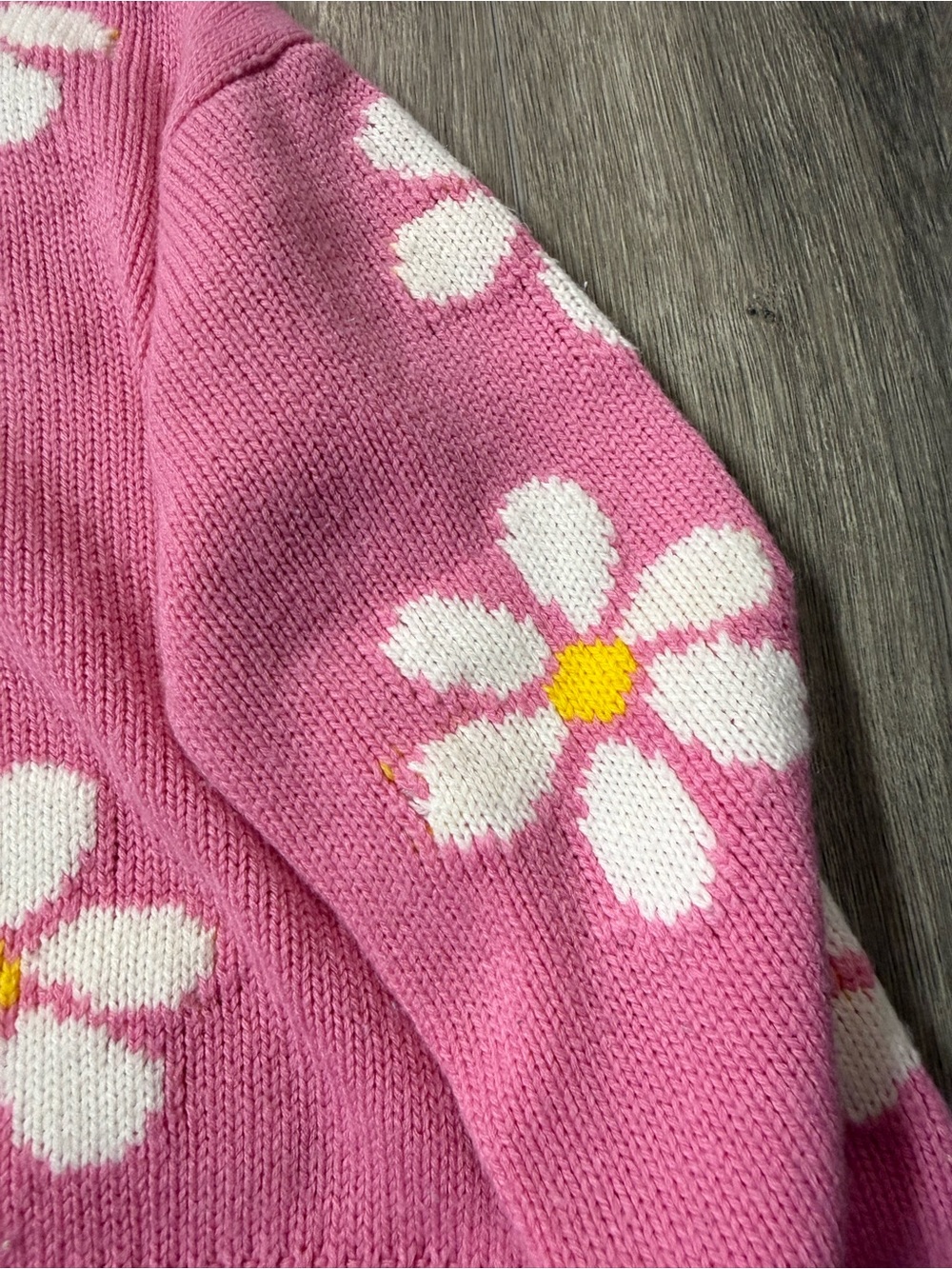 Just Polly Pink Daisy Distressed Fringe Crop Sweater M Y2K Floral Knit Grunge - Picture 13 of 13